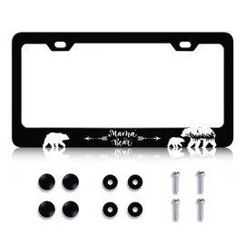LIN KANG Mama Bear License Plate Frame Animal Mountain Forest License Plate Holder Universal Stainless Steel Auto Parts Rust-Proof Waterproof Car Decorative Tag Frame for Standard US 12x6 Inch