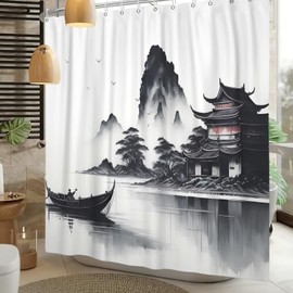 Xiaoterna Traditional Shower Curtain with Japanese Painting Japanese Building Asian Ink Painting Shower Curtain Misty Mountain Boat Wild Goose Natural Landscape Bathroom Curtain 150 x 200 cm
