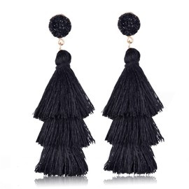 MALOYANVE Layered Tassel Earrings for Women Colorful Bohemian Tree-shaped Tiered Tassel Druzy Stud Dangle Drop Earrings Costume Jewelry Birthday Christmas Valentines Day Gift (Black)