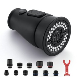 TIORIY Pull Down Kitchen Faucet Head Replacement, 3 Functions Kitchen Faucet Head with 15 Adapters, Kitchen Sink Faucet Sprayer Attachment Nozzle, Matte Black