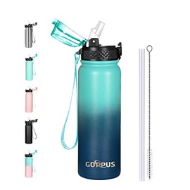 GOPPUS 600ml/20oz Stainless Steel Water Bottle with Straw Insulated Sports Bottle Cold Flask with Straw Double Walled Flip up Metal Water Bottles Thermos Leakproof Water Bottle for Gym Sports