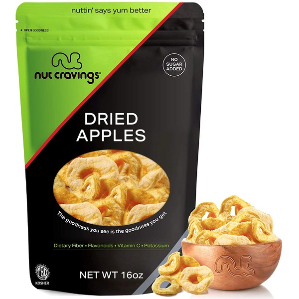 Sun Dried Apple Rings Slices, No Sugar Added (16oz - 1 LB) Packed Fresh in Resealable Bag - Sweet Dehydrated Fruit Treat, Trail Mix Snack - Healthy Food, All Natural, Vegan, Kosher Certified