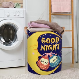 Laundry Basket Owl Moon Good Night Large Round Storage Basket Bin with Handle Clothes Basket Laundry Hamper Organizer for Nursery Home Office