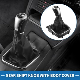 A ABSOPRO 5 Speed Manual Gear Shifter Knob with Cover for Volkswagen Eos After 2006 Faux Leather Gearbox Stick Shifter Lever Knob Black with White Stitches