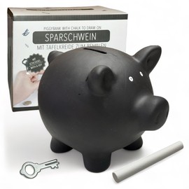 MIJOMA Ceramic Piggy Bank with Blackboard Surface - Includes Chalk, Lock with Key, 17.5 x 13.5 x 14.4 cm, Colour: Black