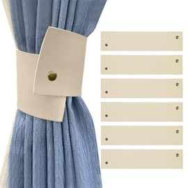 Realand 6Pcs Wide PU Leather Curtain Tiebacks, Elegant Buckle Curtain Tie Backs Decorative Curtain Holdbacks Holders for Home Outdoor Curtains and Drapes, Beige