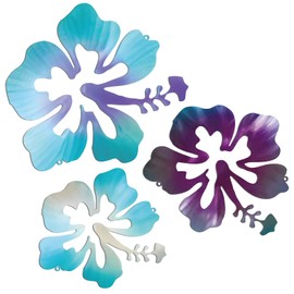 CroBlissful 3 Pcs Hawaiian Metal Hibiscus Wall Art Rustic Tropical Hibiscus Flower Wall Decor Vintage Tropical Plant Plaque for Home Bathroom Office (Blue purple, Purple, Blue)