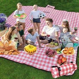 Campsuper Picnic Blankets Machine Washable, 79''x79'' Extra Large Waterproof Foldable Compact Beach Blankets, Oversized XL Outdoor Mat for Spring Summer Camping, Park, Travel (Red and White)