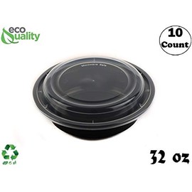 32oz - 10 Count - Round Microwaveable Plastic Meal Prep Containers with Lids - Food Storage Container - Certified BPA-Free, Stackable, Reusable Microwave, Dishwasher, Freezer Safe, Disposable (Black)