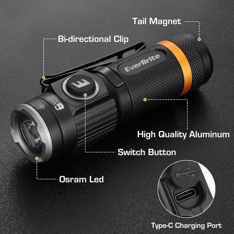 EverBrite Mini Flashlight, Rechargeable Flashlight with USB C Cable, 5