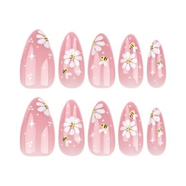 Press on Nails for Women Medium Flowers French Almond Nail Tips Acrylic Nail Fake Nails Press 24 Pcs (Pink-23, Nails-23)