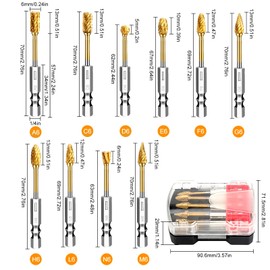 SUNJOYCO 10 Pcs 1/4" Carbide Burr Set, Double Cut Die Grinder Bits Rotary Burrs Tool Set with Box for Metal, Wood, Stone, and Deburring