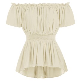 Scarlet Darkness Women's Renaissance Shirt Peasant Blouse Ruched Front Peplum Tops Light Apricot XXL