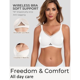 Gailife Womens Wireless V Mesh Comfortable Bra Seamless Bralette Push Up Brassiere No Underwire Supportive Tshirt Everyday Bra, White, L