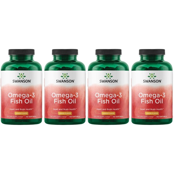 Swanson Omega 3 Fish Oil Supplement Heart Brain and Joint Support GMO-Free EFAs 180 mg EPA Plus 120 mg DHA 150 Softgel Capsules Lemon Flavor (4 Pack)