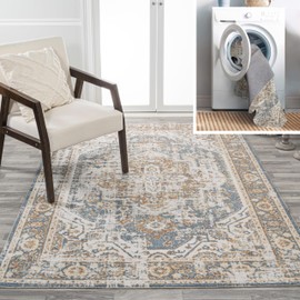 JONATHAN Y WSH316A-3 Keesha Bold Distressed Medallion Low-Pile Machine-Washable Area Rug, Bohemian, Classic for Bedroom, Kitchen, Living Room, Easy-Cleaning, Blue/Cream, 3 ft. x 5 ft.