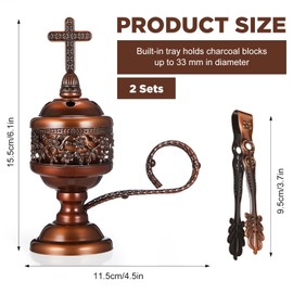 Zonon 2 Sets Incense Burner with Tong, Frankincense Charcoal Incense Stand Holder, Ideal for Yoga, Spa, Aromatherapy, Home and Christian Church Censer(Red Copper)