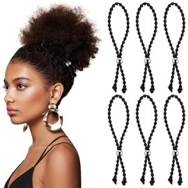 6Pcs No-Slip Hair Ties for Natural Curly, Adjustable Afro Puff Cuff Drawstring Ponytail Holder, Black Elastic Hair Scrunchies, Large Hair Ties for Wom