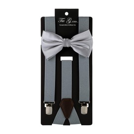 TIE G Solid Color Men's Braces + Woven Bow Tie Set for Wedding : Vivid Color, Adjustable Suspender, Strong Clip, Elastic Band (Grey)