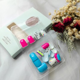 24Pcs Short Press on Nails Square Fake Nails Colorful Glossy Glue on Nails Black Leopard Print Full Cover False Nails Blue Rose Red Cute Acrylic Nails Reusable Artificial Stick on Nails for Women Girl
