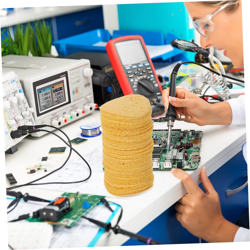 Operitacx 50 Stück Reinigungsschwamm Langlebiger Lötspitzen Reiniger Runde Schweißreinigungspads Temperaturbeständig