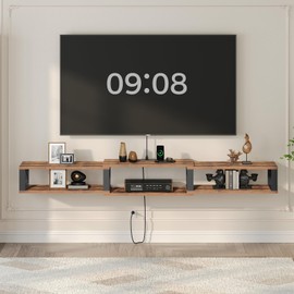 MAHANCRIS Floating TV Stand with Power Outlet, Wall-Mounted Entertainment Console Center with Storage, Floating TV Shelf for Under TV Storage, for Living Room, Bedroom, Rustic Brown TVHR103E01