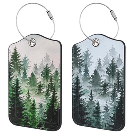 Neidius 2 Pack Luggage Tags,PU Leather Baggage Tag with Privacy Cover Name Address Labels and Metal Ring for Men and Women Travel Bag Suitcases (Foggy Forest)