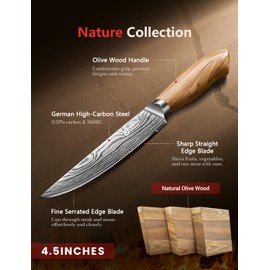 Emojoy Steak Knives Set of 6, 4.5 Inches Serrated Steak Knife Set, German Stainless Steel Kitchen Steak Knives with Original Olive Wood Handle and Wooden Gift Box