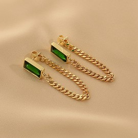 DIAMANTIO Minimalist Green Stone Drop Earrings for Women – 18K Gold Plated Chain Dangle Earrings – Statement Modern Chic Jewelry for Everyday & Evening Wear