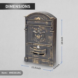 Yoocabinet Wall Mount Mailbox, Large Capacity Mailbox for Outside,Aluminum and Galvanized Steel Rust-Proof Hanging Secured Postbox, Security Key Drop Box,18"x11.8"x4.9" Gold