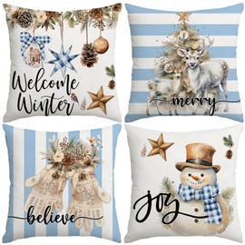 Artmag Christmas Pillow Covers 18x18 inch Set of 4 Snowman Gloves Welcome Winter Blue White Strip Christmas Throw Pillow Covers Winter Farmhouse Decoration for Home