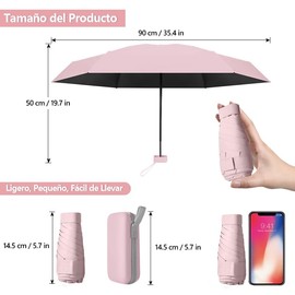 EMAGIE Paraguas de Bolsillo - Sombrilla UV Paraguas Plegable Mini Paraguas Reforzado Sombrilla de Bolsillo para Lluvia Ultra Compacto con Caja de Almacenamiento (Rosa)