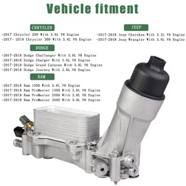 Aluminum Engine Oil Cooler 926-959 Oil Filter Housing Adapter Sensor Gaskets fit for 2017 2018 Dodge Charger Journey Challenger Chrysler 200 300 Jeep Wrangler Cherokee Ram Promaster V6 3.6L 68310865AB