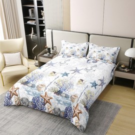 jejeloiu Shell Duvet Cover 100% Cotton Full Size Coral Bedding Cotton Duvet Cover Set Marine Life Sealife Bedding Set Under Sea Life Comforter Cover Set White Blue Bedspread Cover