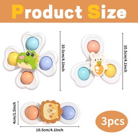 Baby Spinner Toy, 3 PCS Animal Stacking Spinners for Babies, Sensory Toys for 6-18 Months, Travel Essentials for Car Seat and High Chair, Suction Spinner Toy with Lion Crocodile Rabbit Design