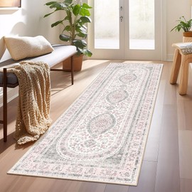 Castage Washable Runner Rug 2x6,Pink Rug Runners Non Slip,Long Boho Rugs for Hallways Kitchen Bedroom Entryway Bathroom,Vintage Bohemian Distressed Farmhouse Floor Carpet,Grey Blush Floral