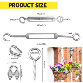 Rope Tensioner Stainless Steel M6, Pack of 2 Wire Tensioners Turnbuckles with Hook Eyelet 4 Pieces Wire Rope Thimbles 4 Pieces Rope Clamps 4 Pieces Eye Screw for Rope Awning Rope System Garden Wire