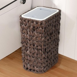 TREATLIFE HOME Small Bathroom Trash Can with Lid, 2.6 Gallon Rattan Basket Design, Slim Wicker Wastebasket for Bathroom, Kitchen, Office, Living Room, Bedroom - Brown