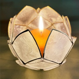 Blooming Lotus Capiz Shell Tealight Candle Holder, Handcrafted Decorative Tea Light Candleholder with Translucent Flower Petals for Ambient Illumination and Natural Elegance, Natural