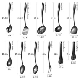 304 Stainlss Steel Matte Kitchen Utensils Set, 11 Pcs Long Metal Cooking Utensil Gadgets Tools Set with Spatula, Ladle, Spoon, Skimmer, Tunner, Pasta Server, Tongs(Black, Dishwasher Safe)