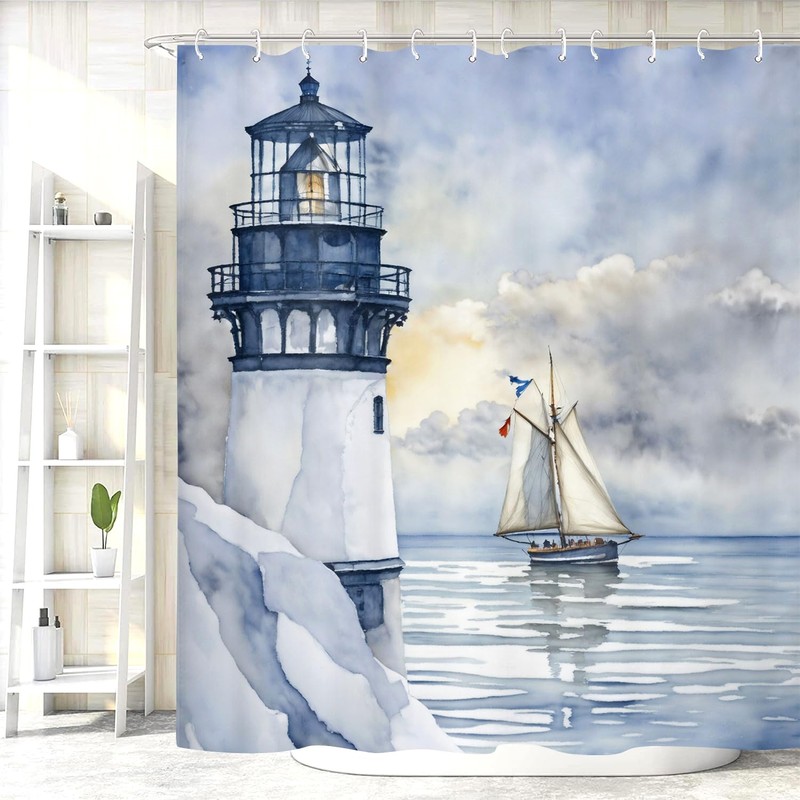 Coastal Lighthouse Shower Curtain for Bathroom, Ocean Nautical Sunrise Beach