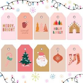 AnyDesign 100Pcs Boho Christmas Paper Gift Tags with Hemp Rope Pink Xmas Tree Santa Tag Pre-Punched with Holes Seasonal Holiday Favor Tag Hanging Labels, 10 Design