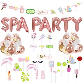 67 Pcs SPA Party Birthday Party Supplies, Include Rose Gold Latex Balloons, SPA Spiral Ornaments Banner, Cupcaketoppers, Photography Props for Girls Night Sleepover Pajamas Birthday Party Decorations