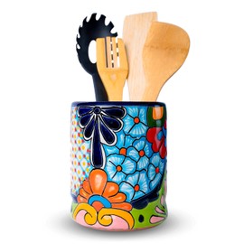 Talavera Utensil Holder - Hand Painted Ceramic Spoon Crock - Colorful Utensil Crock - Large Mexican Spoon Rest 6" H (Turquoise)