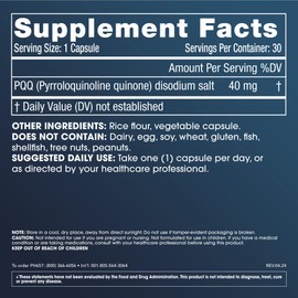 Pure PQQ, Pyrroloquinoline Quinone, 40 mg, Extra Strength | New Mitochondria Boost | Healthy Aging | Protects Against Free Radicals | Third-Party Tested | 30 Capsules
