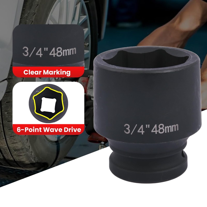 Deep 6-Point Impact Socket 3/4" Drive 48mm,Chrome Molybdenum Steel, Anti-Rust