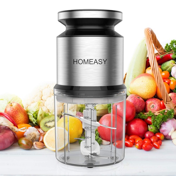 HOMEASY Food Processor, 4 in 1 (Chopping/Mixing/Crushing/Crushing), 20.3 fl oz (600 ml), Food Chopper, 4 Stainless Steel Blades, 300 W, High Power, Space Saving, Cooking Appliances, Compact, Lightweight, Easy Operation, Washable