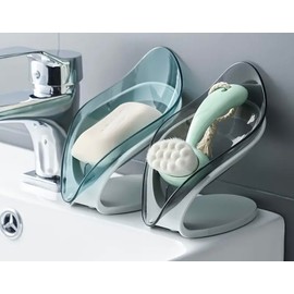 HealthyMoov Set of 2 Soap Dishes Leaf Design Sponge Holder (1 Green + 1 Grey) Container for Bathroom and Kitchen