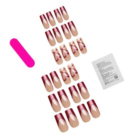 Valentines Medium Press on Nails Square Red French Tip Press on Nails Fake Nails with Love Heart Pattern Designs Valentines Nails Press on Acrylic Nails Full Cover Stick on Nails for Women 24PCS