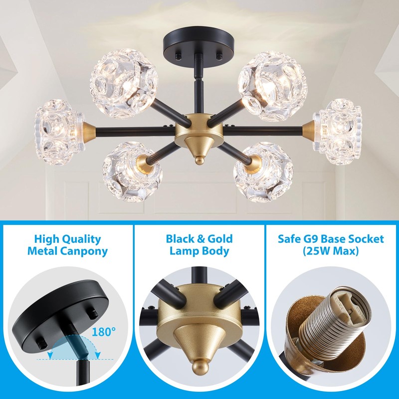 XINGQI Modern Ceiling Light 6 Lights Semi Flush Mount Sputnik